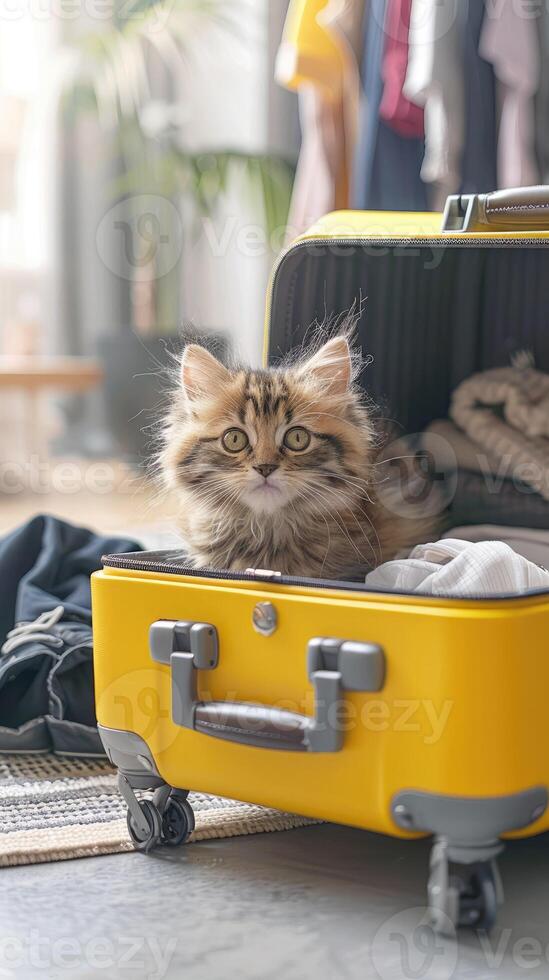 Vertical image of a cute fluffy kitten in an open suitcase against the background of a living room. The pet is ready to travel. Concept of vacation, rest, traveler. photo