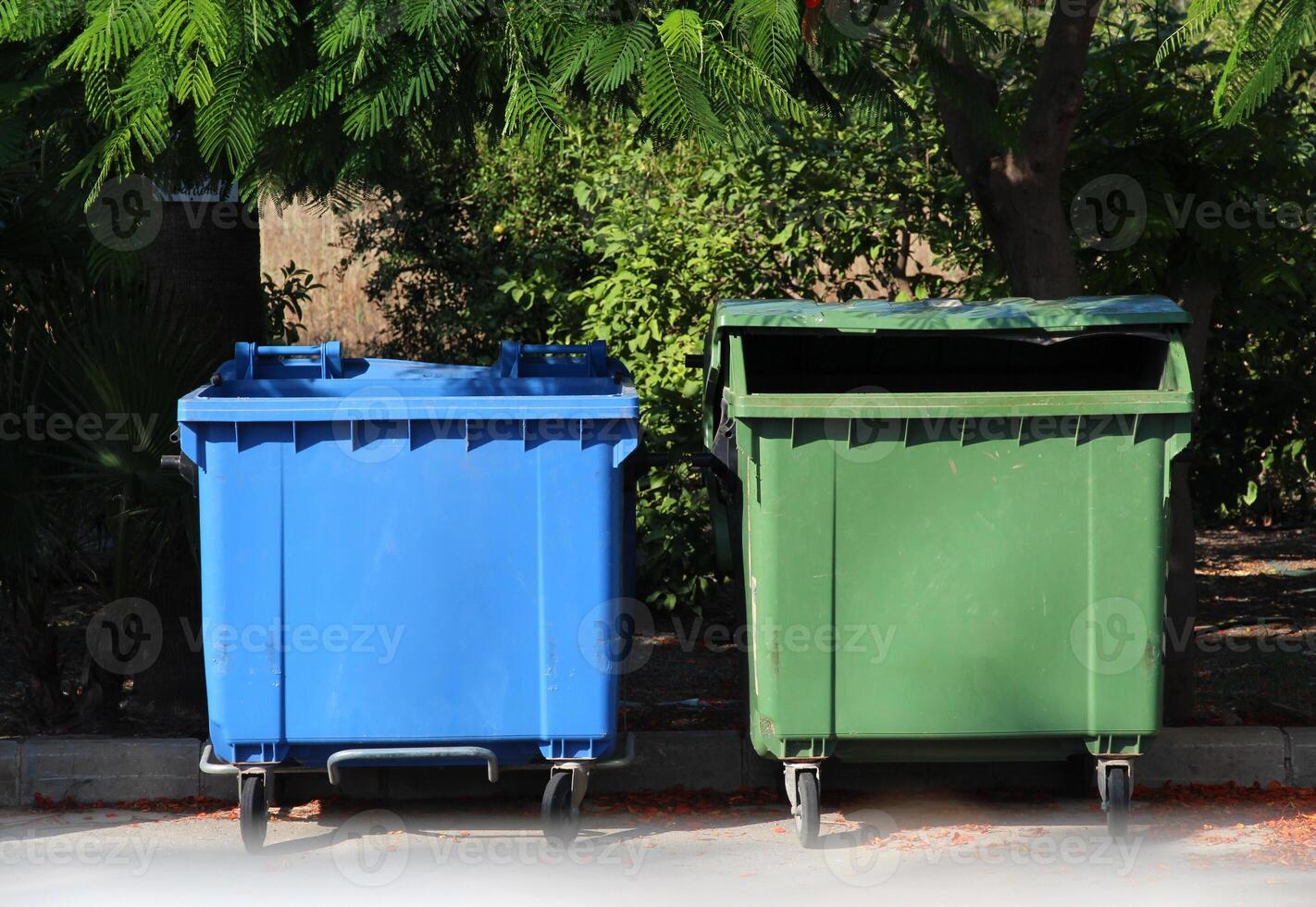 Two plastic bins, garbage containers in the middle of the street. Blue, green trash cans for collecting, sorting and recycling waste. photo
