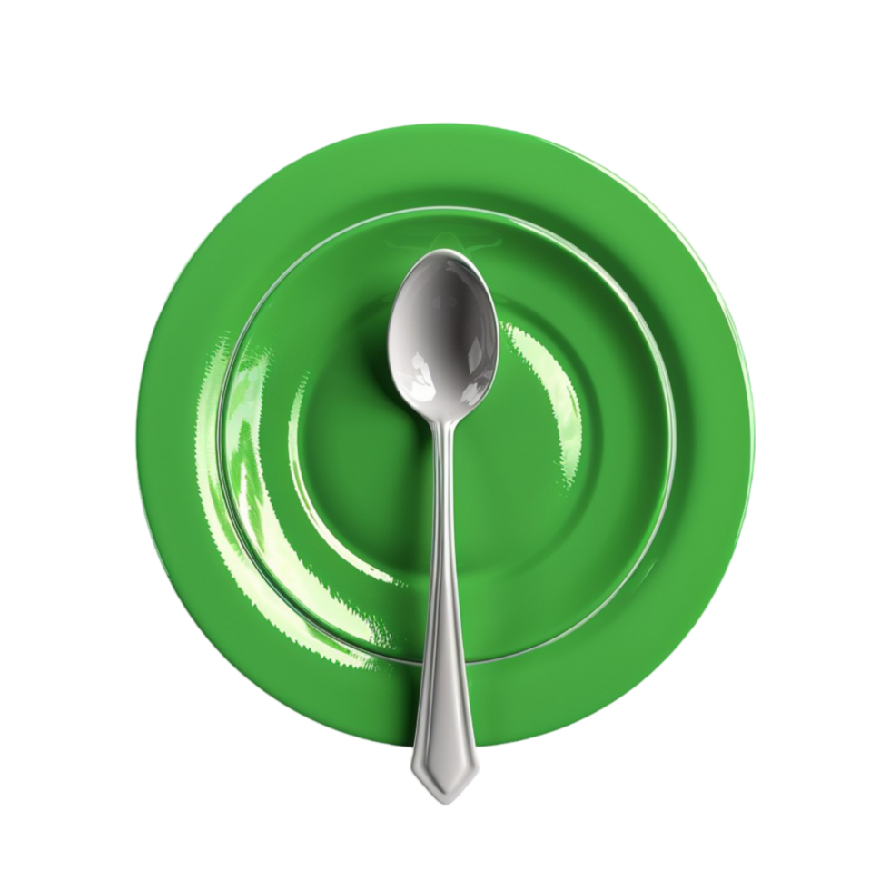 Green Plate with a Spoon on Transparent Background AI-Generative png