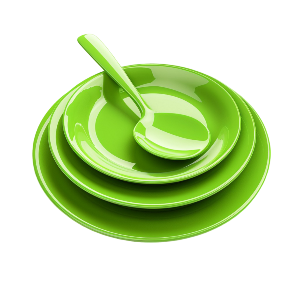 Green Plates and Spoon on Transparent Background AI-Generative png