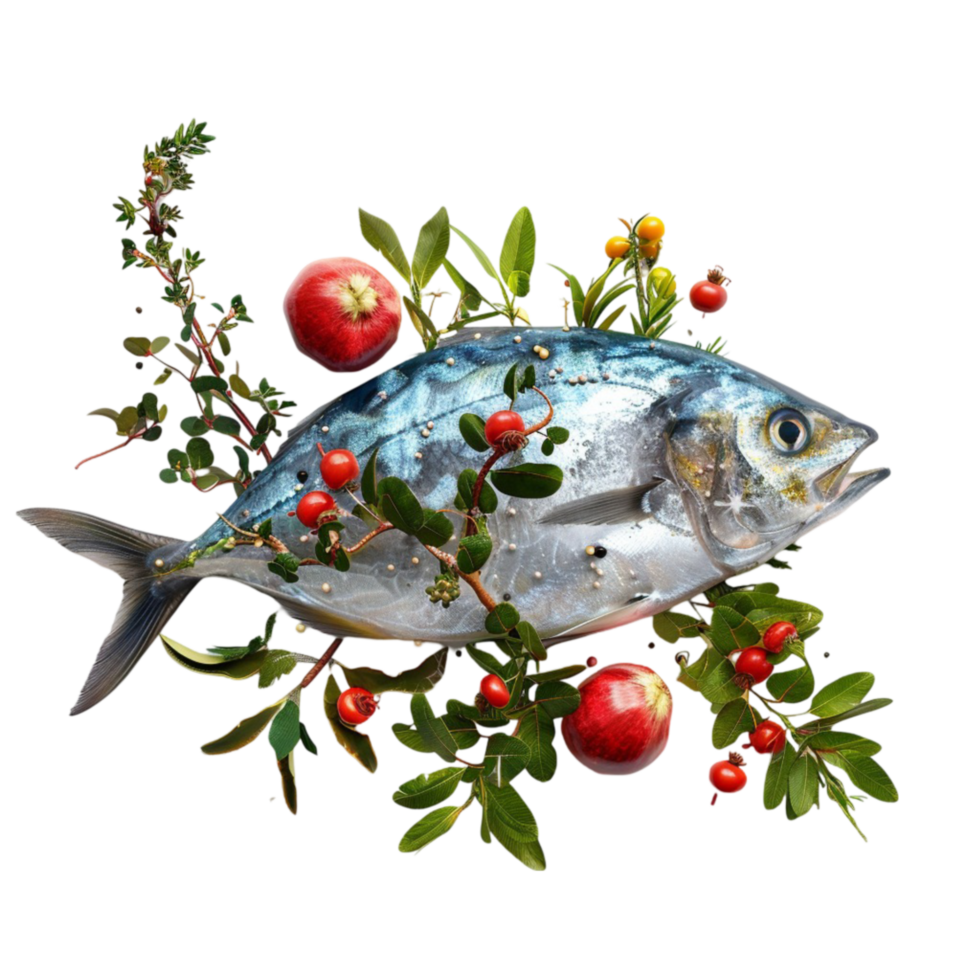 Fish with Berries and Leaves on Transparent Background AI-Generative png