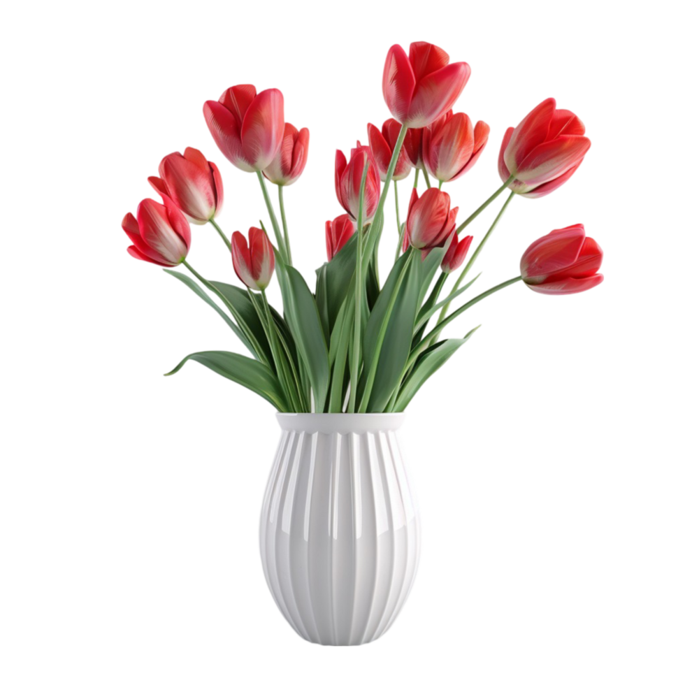 Red Tulips in White Vase on Transparent Background AI-Generative png