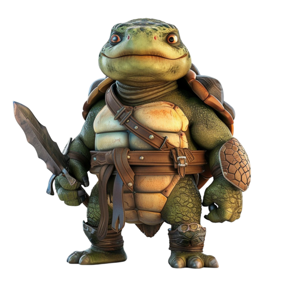 Cartoon Turtle with Sword and Armor on Transparent Background AI-Generative png