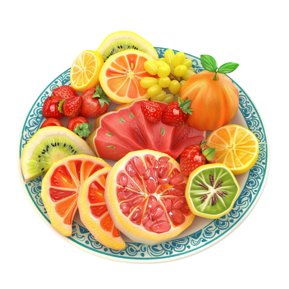 Plate of Fruit on Transparent Background AI-Generative png