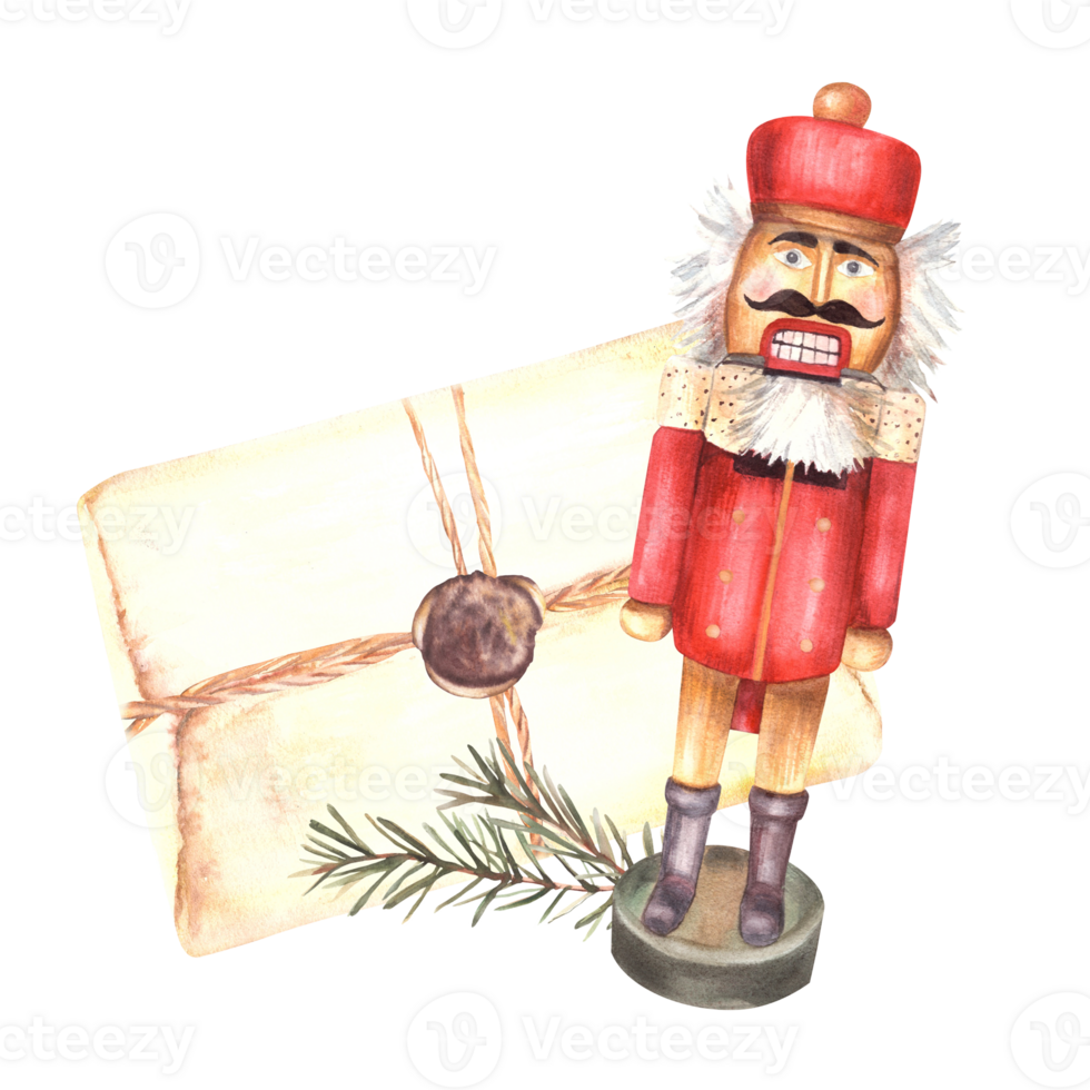 Nutcracker with old letter and spruce, fir branch. Christmas post arrangement King, general or soldier Germany Xmas toy. Watercolor painted illustration for greeting, invitation on isolated background png