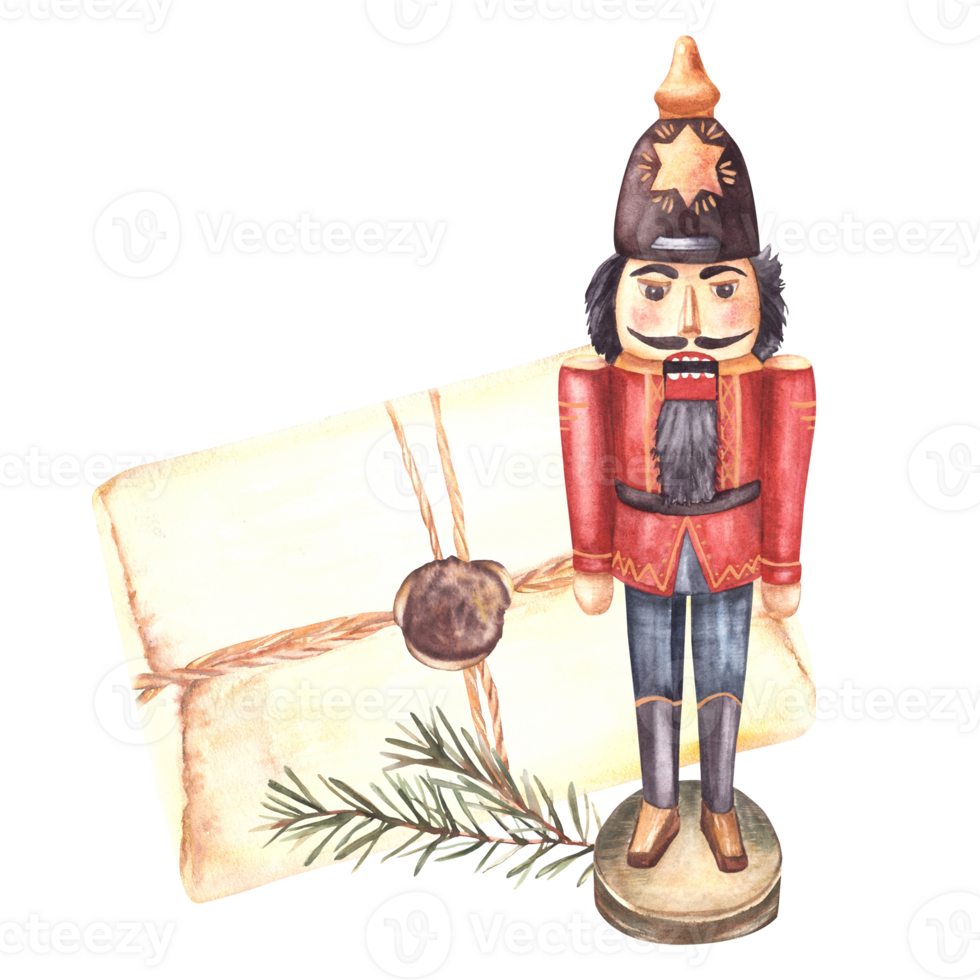 Nutcracker with old letter and spruce, fir branch. Christmas post arrangement. Red soldier, tradition Xmas toy. Watercolor hand drawn illustration for greeting, invitation card on isolated background png