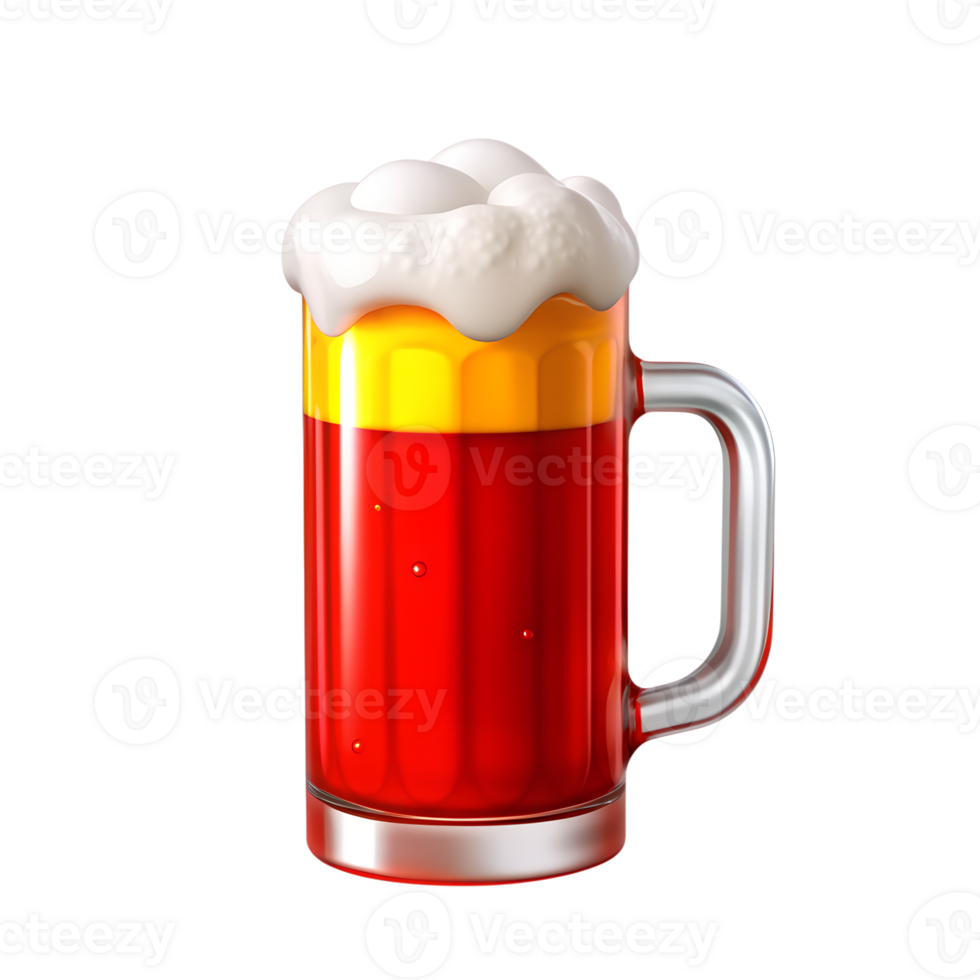 Foamy beer in a mug. Football stickers 3D rendering in Spain colors isolated on transparent background. Volumetric icons of football and football fans. png