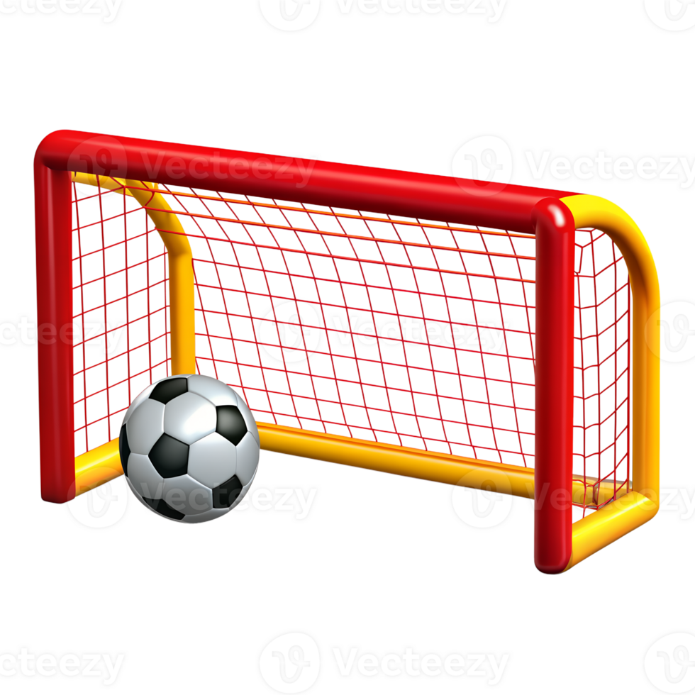 Football goal with a ball. Football stickers 3D rendering in Spain colors isolated on transparent background. Volumetric icons of football and football fans. png