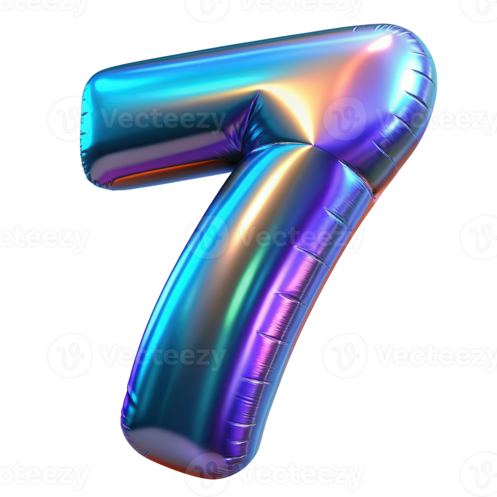 Holographic foil balloon shaped as the number 0-9. Iridescent colors on a shiny surface, perfect for celebrations, birthdays, and events. Isolated on transparent background png