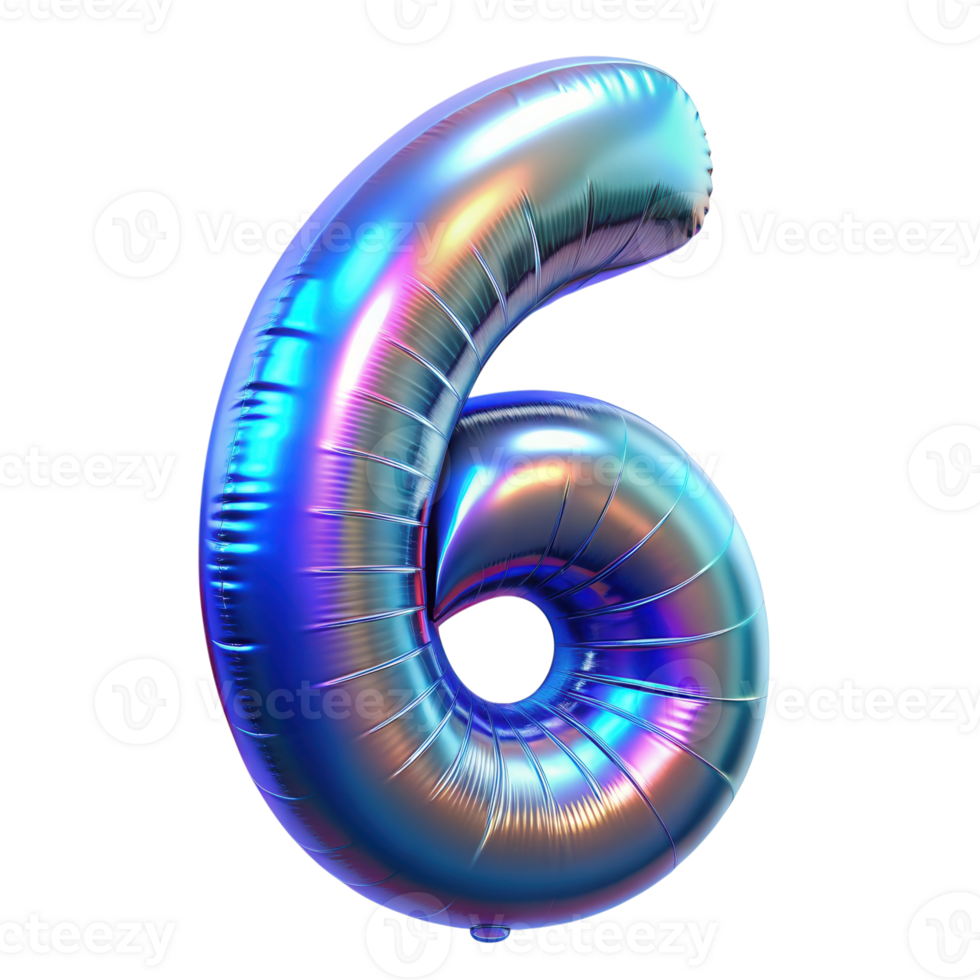 Holographic foil balloon shaped as the number 0-9. Iridescent colors on a shiny surface, perfect for celebrations, birthdays, and events. Isolated on transparent background png