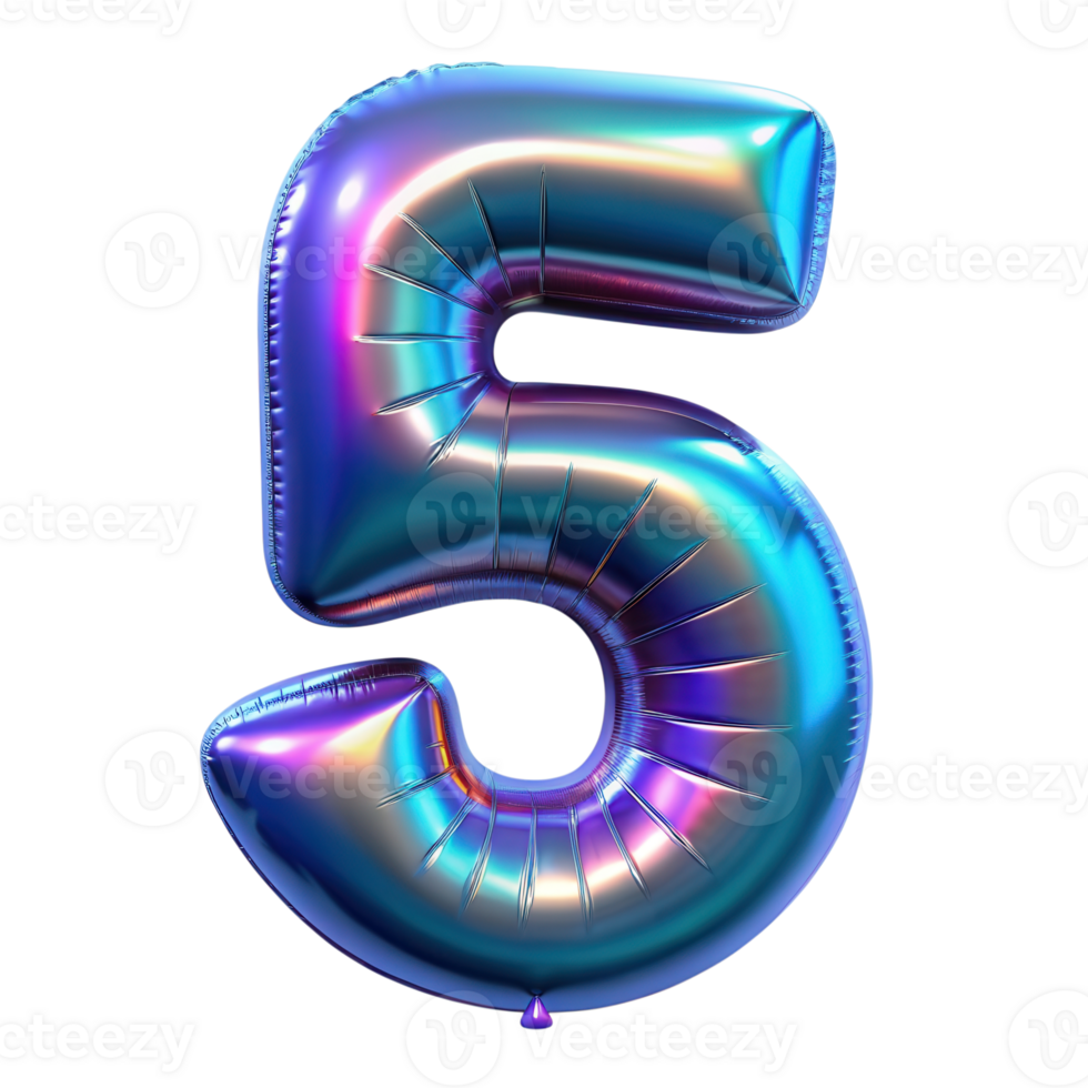 Holographic foil balloon shaped as the number 0-9. Iridescent colors on a shiny surface, perfect for celebrations, birthdays, and events. Isolated on transparent background png