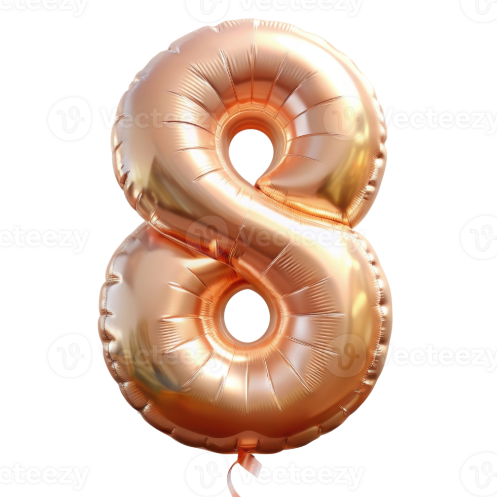 Foiled pink gold birthday balloons shaped like numbers 0-9, with ribbons at the bottom, isolated on a transparent background png