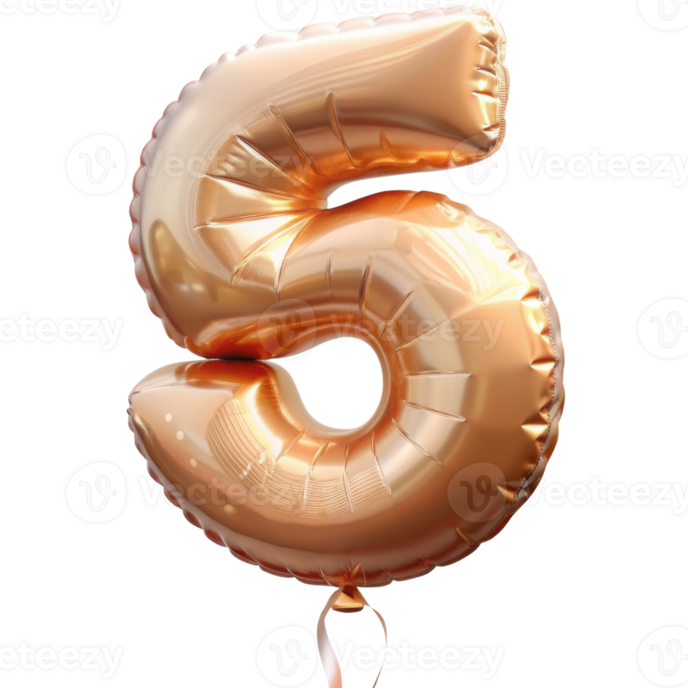 Foiled pink gold birthday balloons shaped like numbers 0-9, with ribbons at the bottom, isolated on a transparent background png