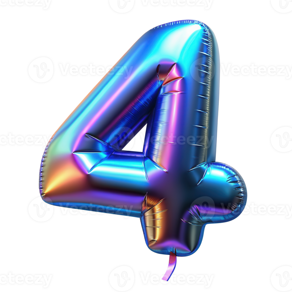 Holographic foil balloon shaped as the number 0-9. Iridescent colors on a shiny surface, perfect for celebrations, birthdays, and events. Isolated on transparent background png