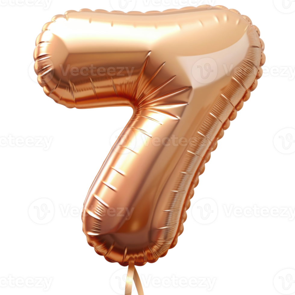 Foiled pink gold birthday balloons shaped like numbers 0-9, with ribbons at the bottom, isolated on a transparent background png