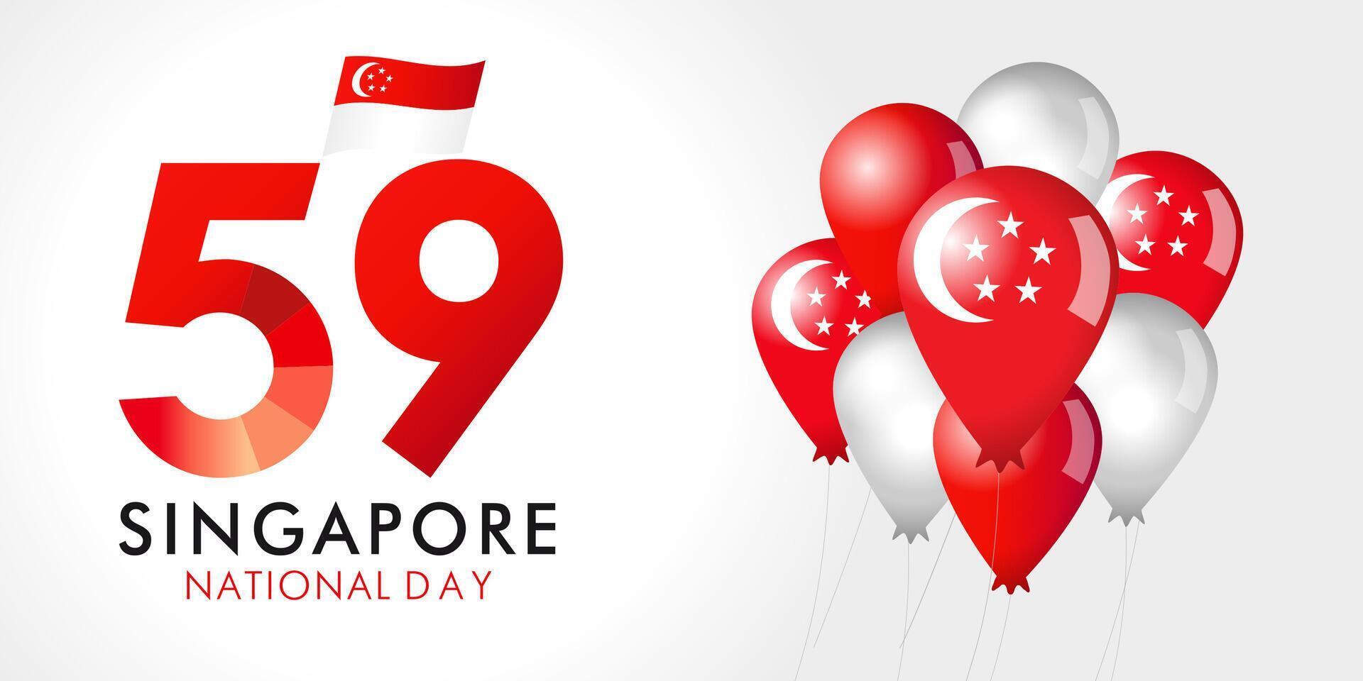 Singapore national day holiday banner with waving flag and 3D balloons. 59 years anniversary vector