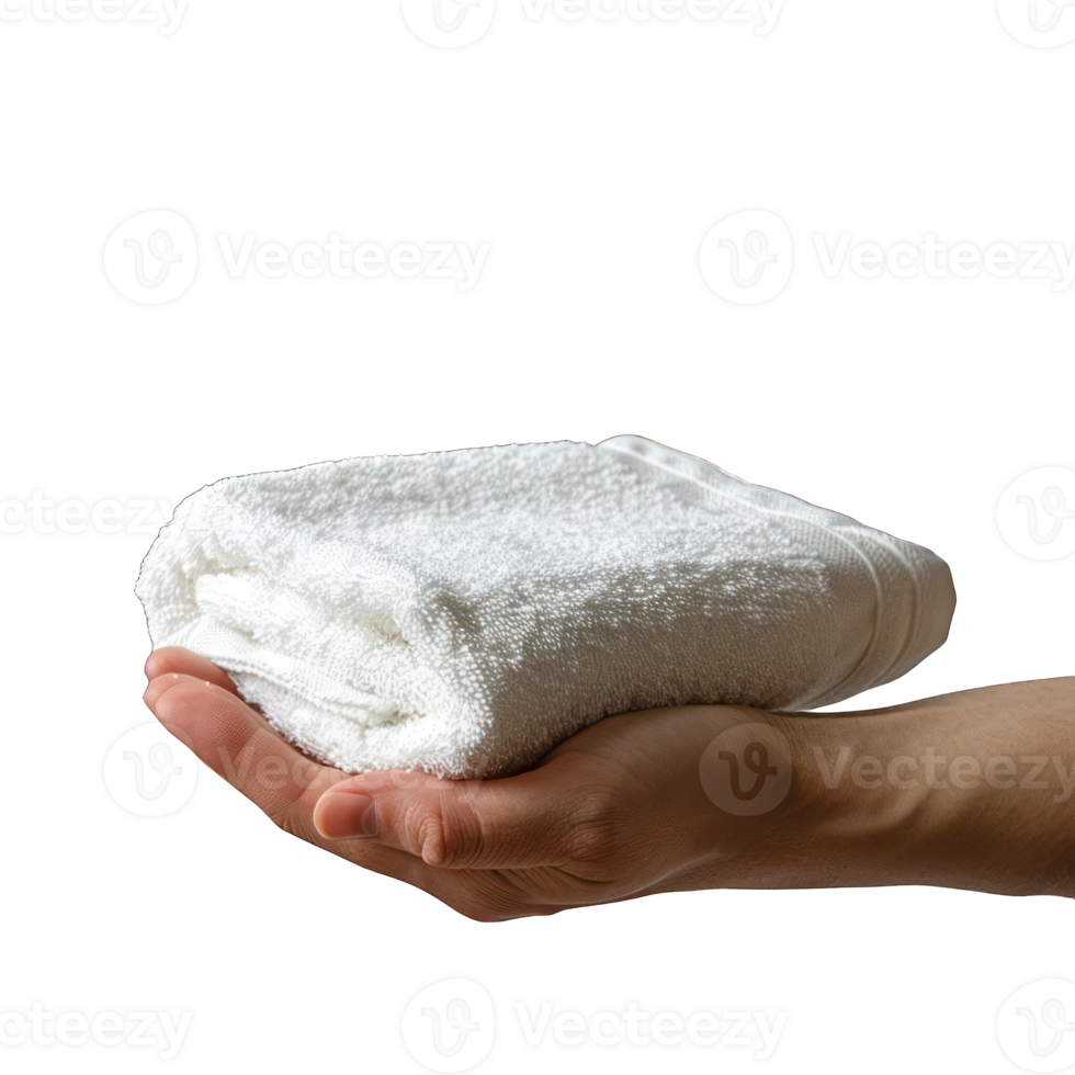 hand holding a white towel in isolated on transparent, alpha background png