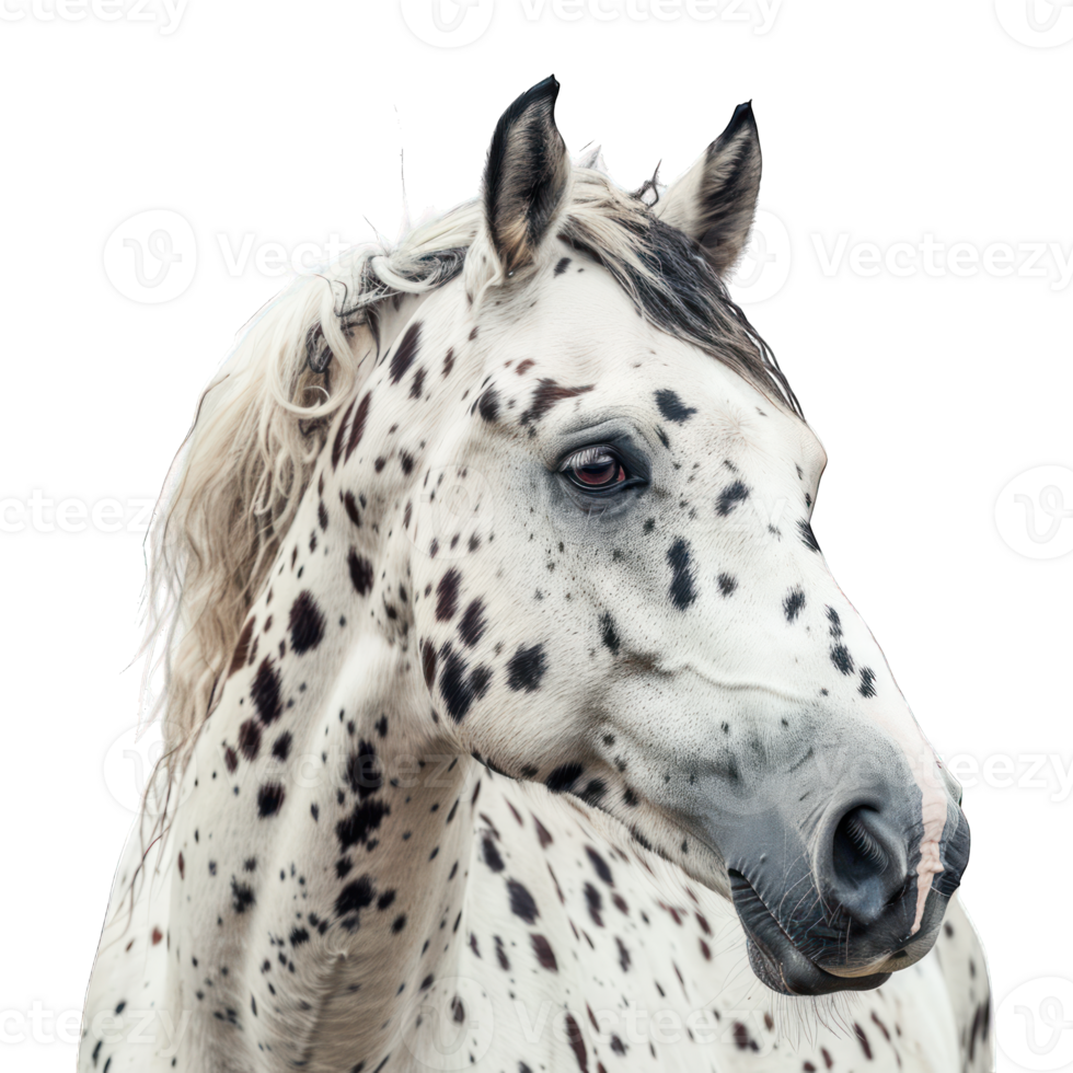 caballo raza appaloosa con lugares Galopando, appaloosa caballo en el pasto a atardecer, blanco caballo con negro y marrón lugares. añojo bebé caballo aislado en blanco antecedentes png