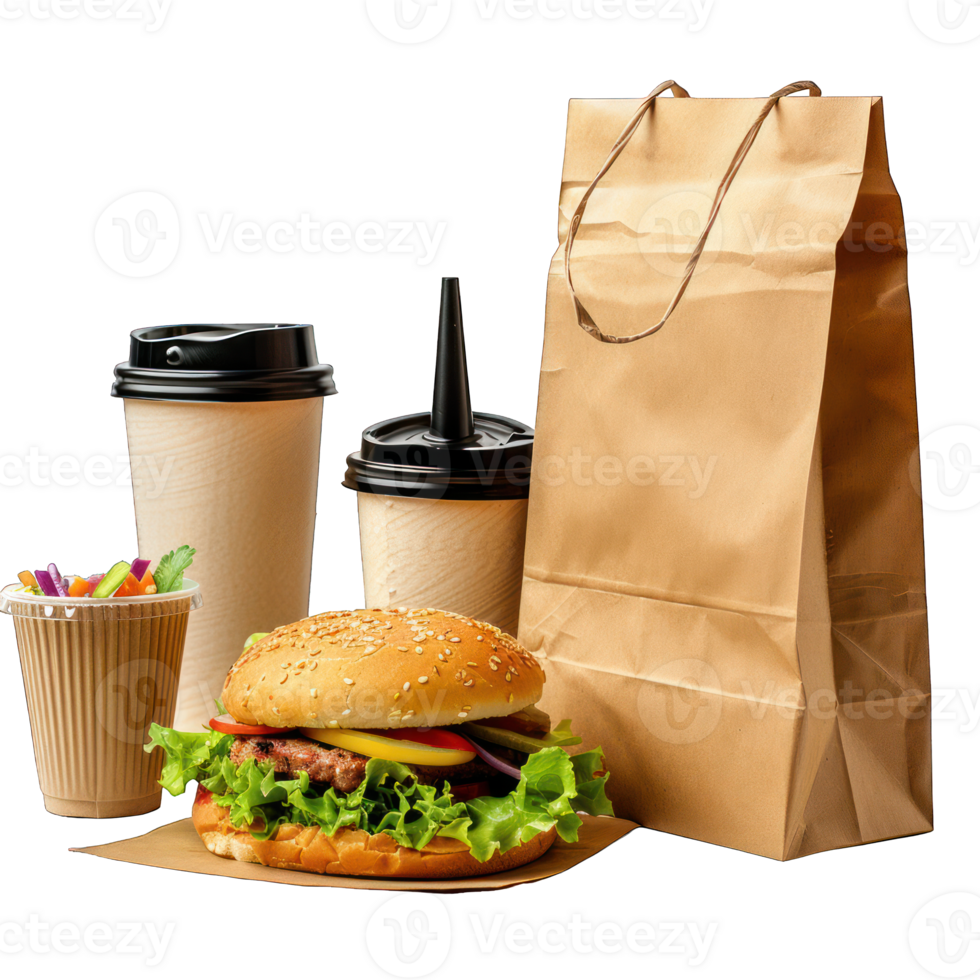 Collection and delivery food background. Fast food eco packaging with tasty hamburger, french fries, paper coffee cup and soup, isolated on white or transparent background. png