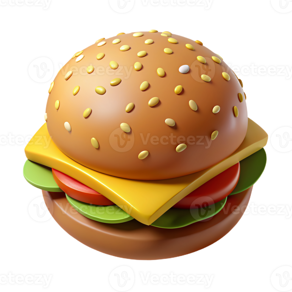 3D model of a hamburger with a bun, lettuce, tomato, and cheese png