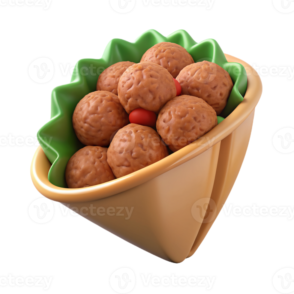 close up of a bowl of brown meatballs on a white background. png