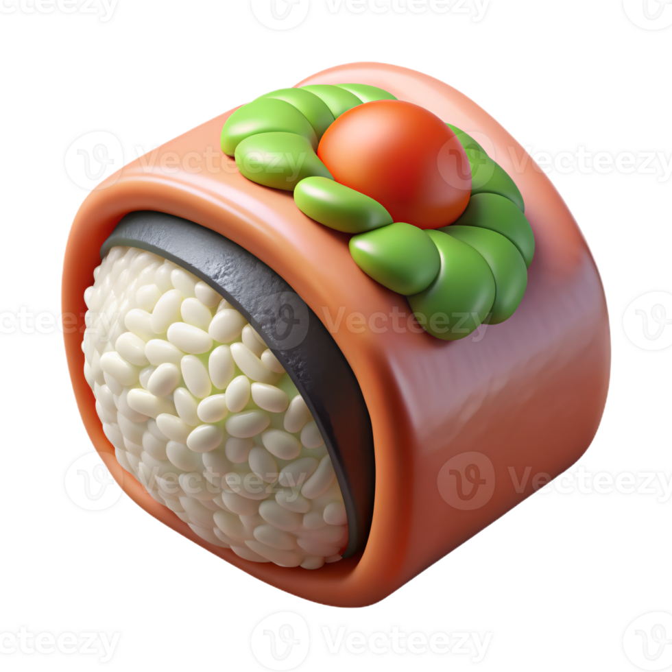 close up of a sushi roll with a variety of ingredients, including avocado, cucumber, and salmon. png