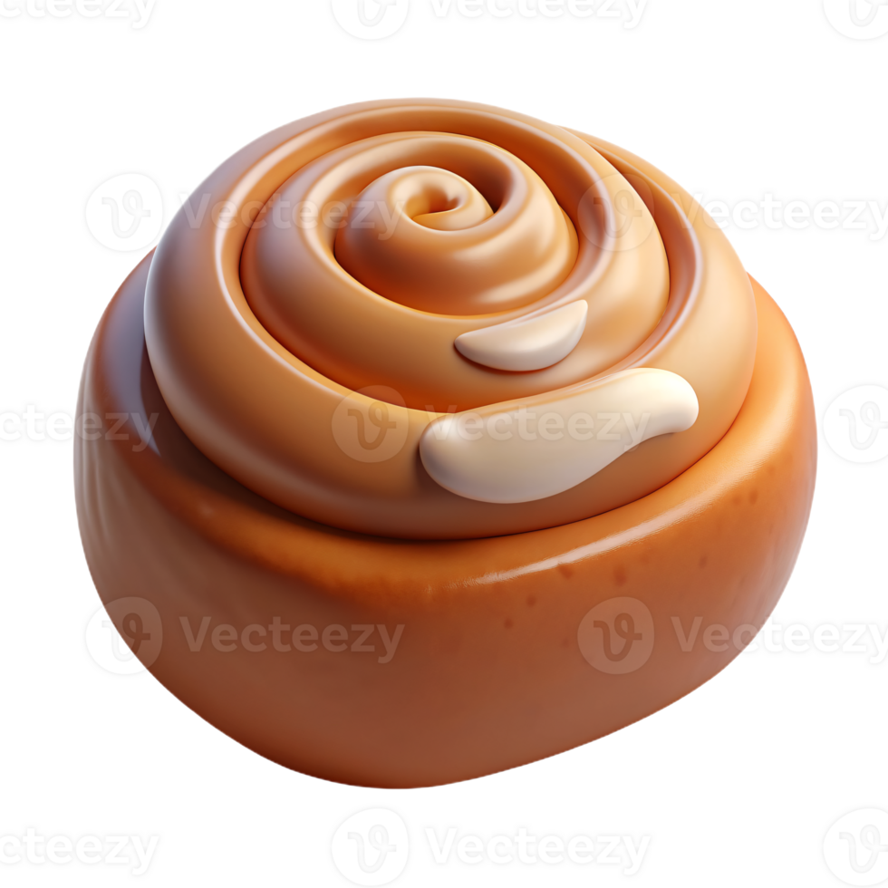 3D rendering of a cinnamon roll with white frosting on top png