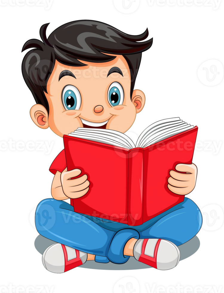 Boy Kid Student Reading Book Cartoon Style Isolated on Transparent Background png