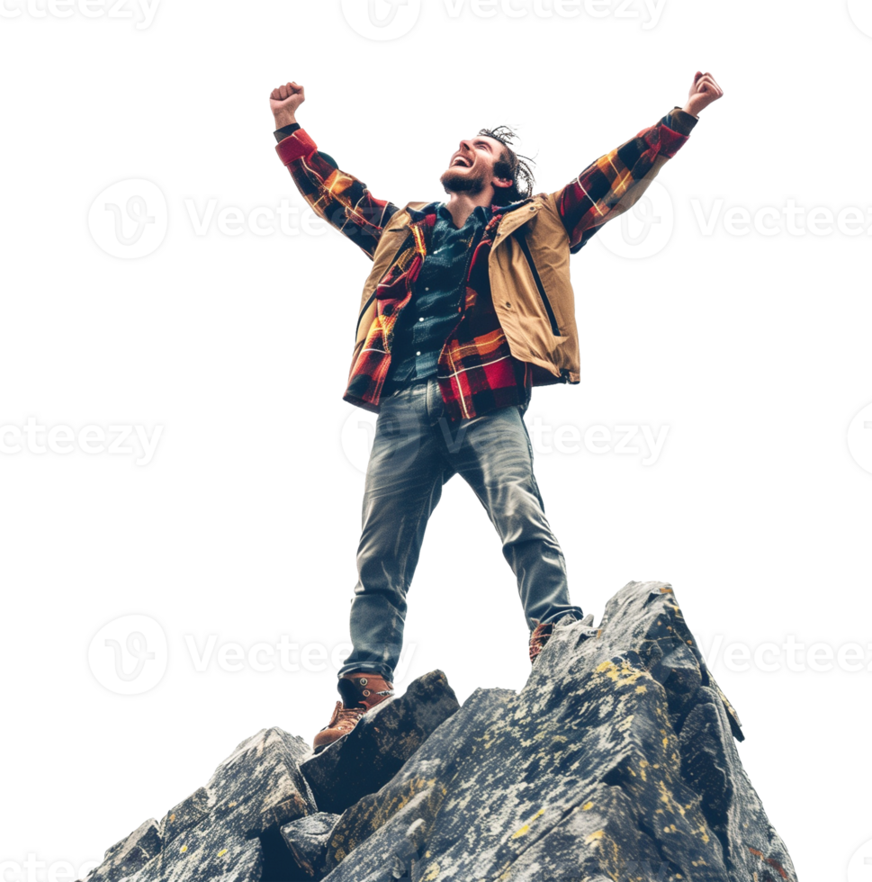 Man Celebrating on Top of the Mountain Depicting Success Isolated on Transparent Background png