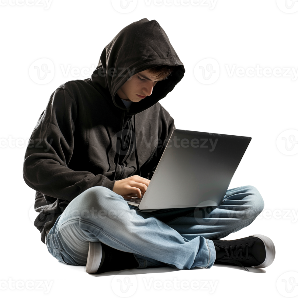 Man with Hoodie Sitting Using Laptop Isolated on Transparent Background png