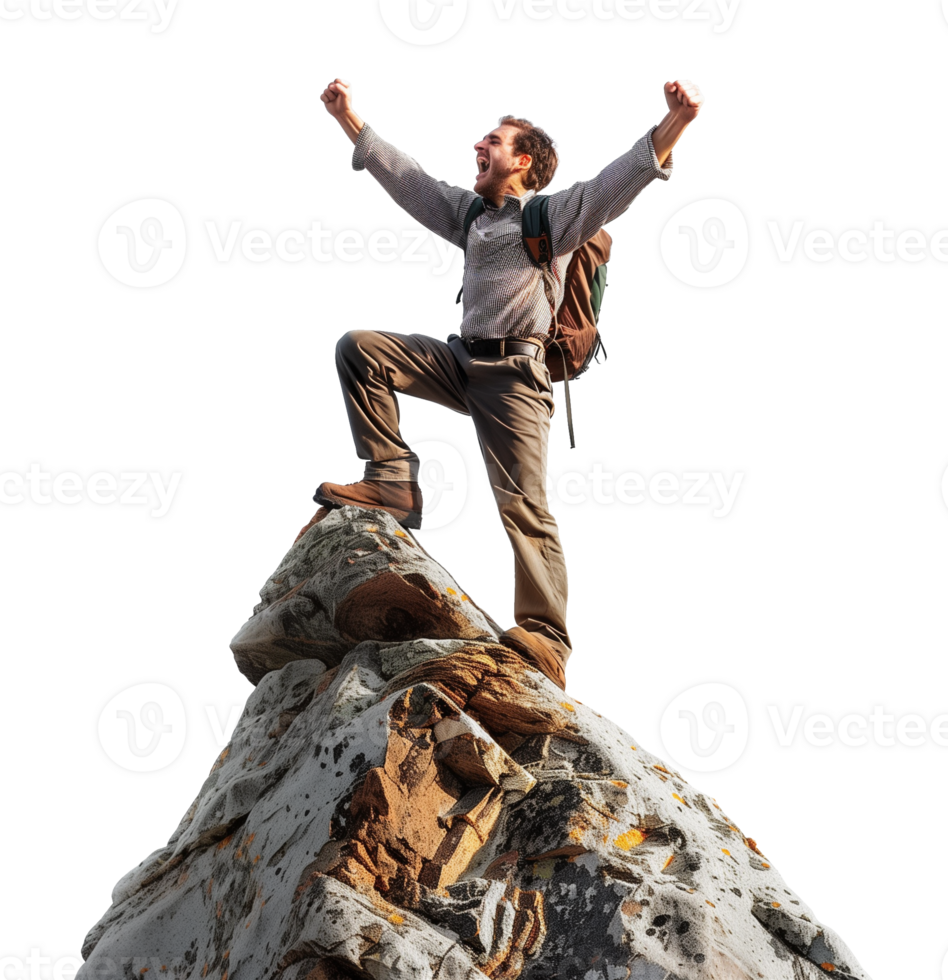 Man Celebrating on Top of the Mountain Depicting Success Isolated on Transparent Background png