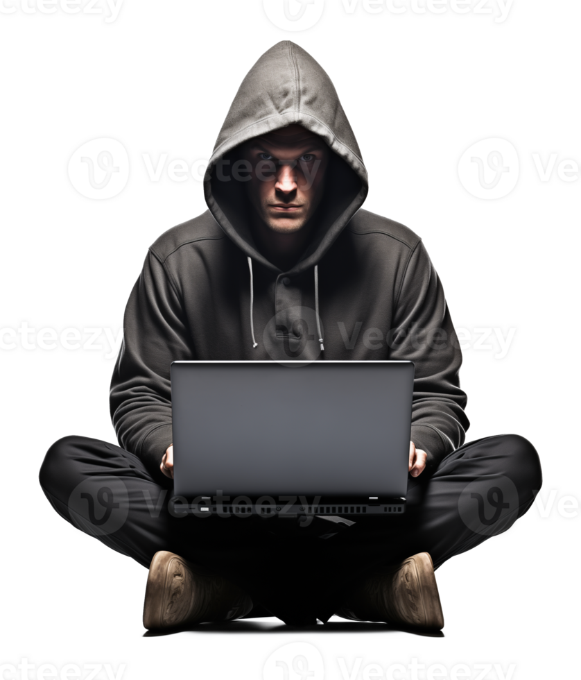 hacker ou homem com moletom com capuz usando computador portátil isolado em transparente fundo png
