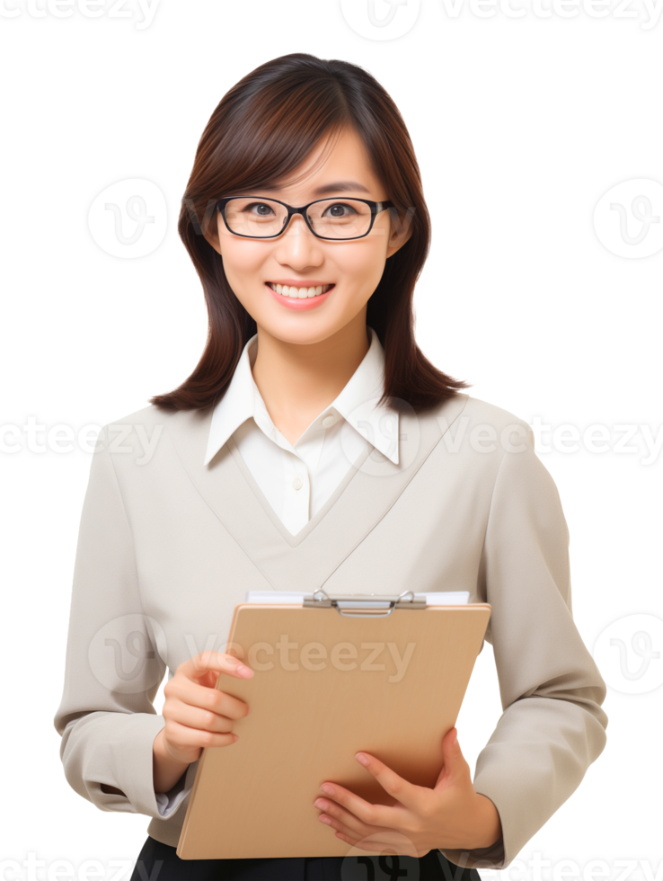 Female Asian Teacher Holding Clipboard Isolated on Transparent Background png