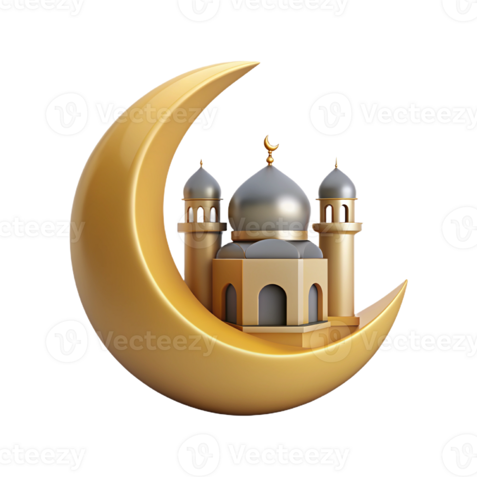 golden mosque with crescent and minarets on transparent background png