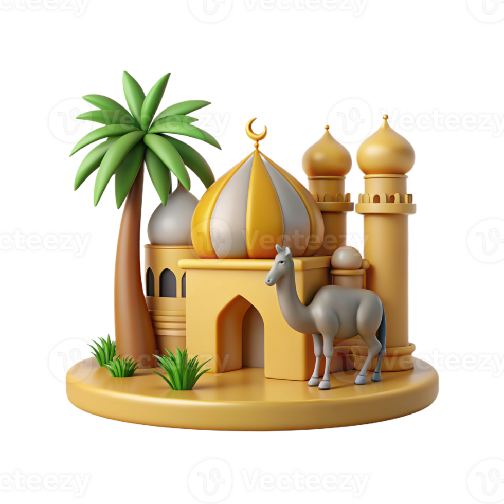 islamic mosque with camel and palm tree png