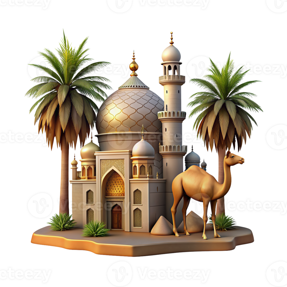 islâmico mesquita com camelo e Palma árvores png