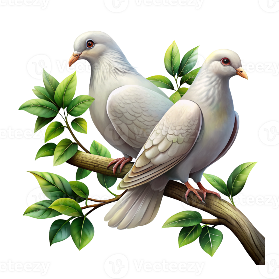 Two White Doves Perched On A Tree Branch high detail png