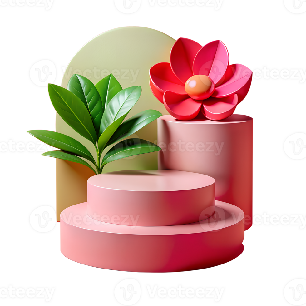 pink podium with red flowers and green leaves png
