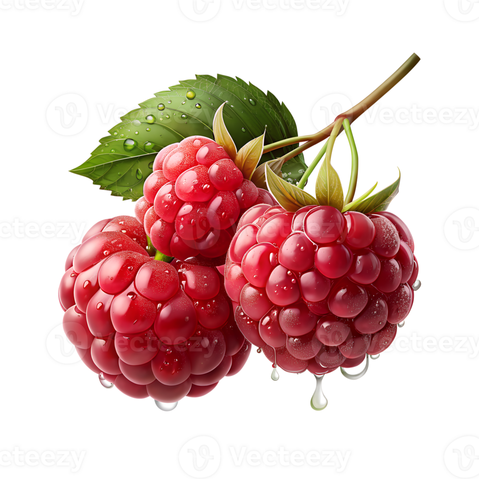Red Raspberries On A Branch With Dew Drops png