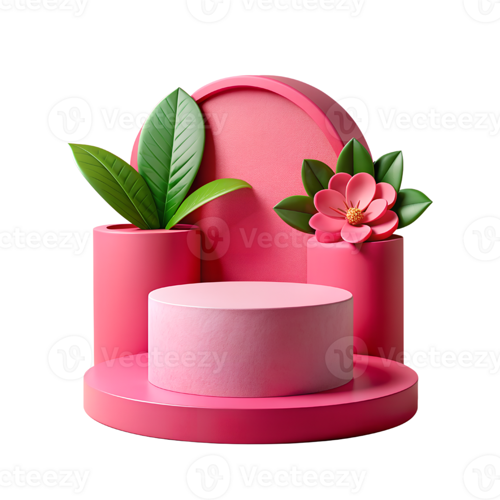 pink podium with red flowers and green leaves png