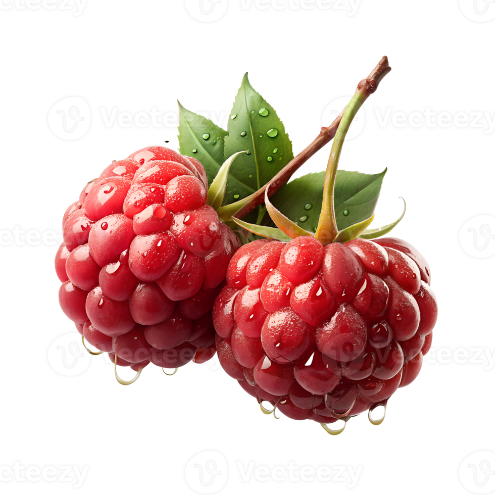 Red Raspberries On A Branch With Dew Drops png