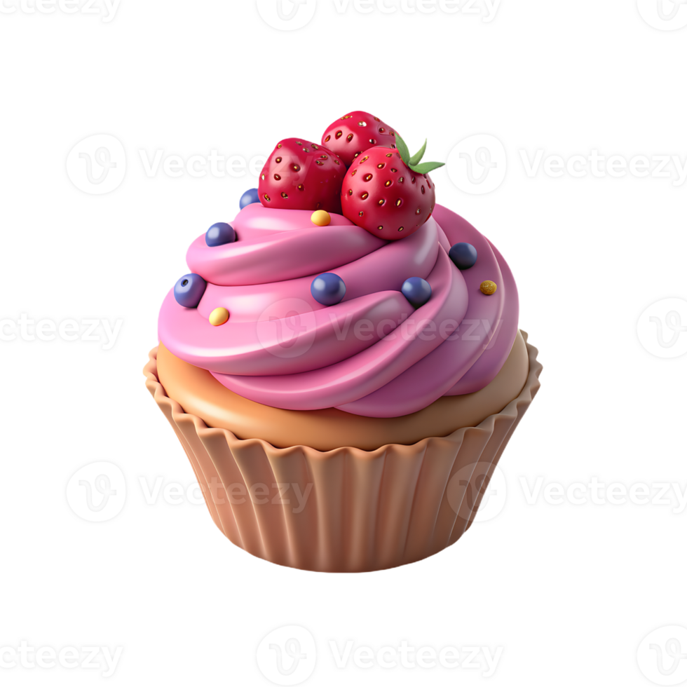 a cupcake with pink frosting and berries on top png