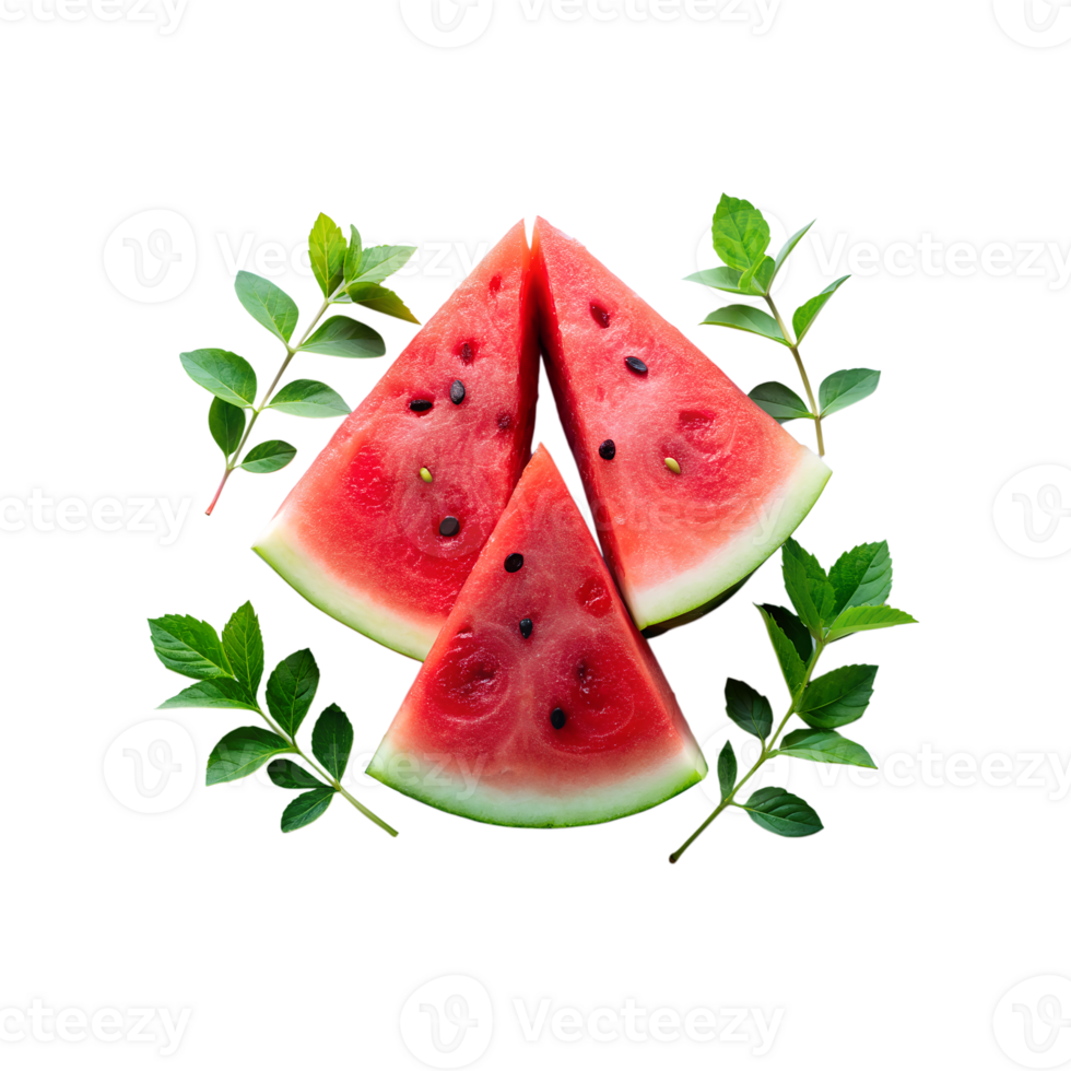 watermelon slices with leaves on a transparent background png