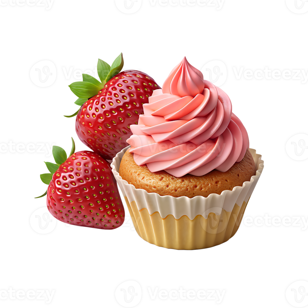 a cupcake with strawberry frosting on top and two strawberries png