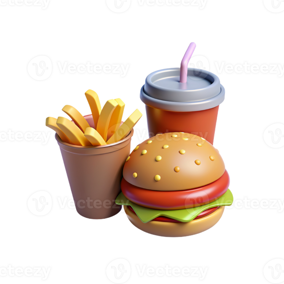 a hamburger, fries and drink on a white background png