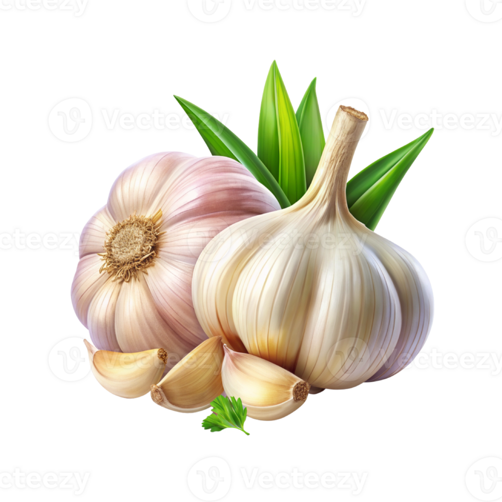 Fresh garlic rhizome and sliced with leaves isolated png