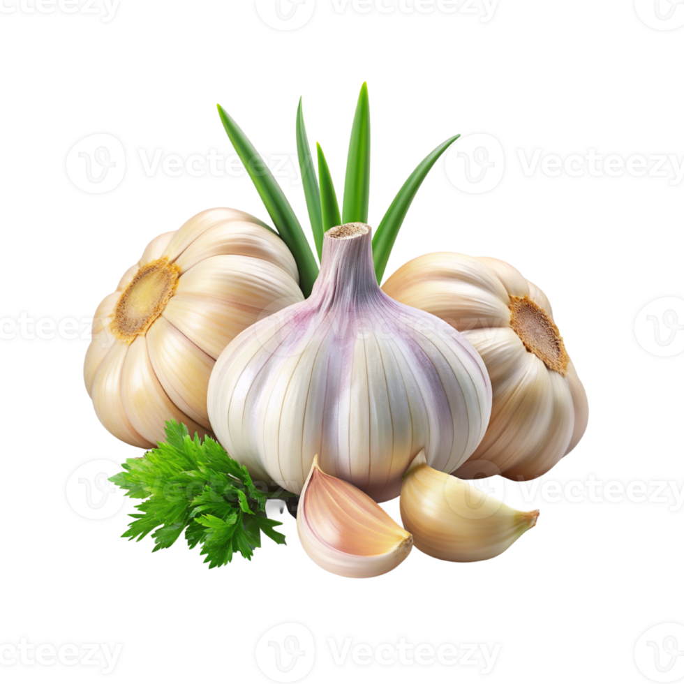 Fresh garlic rhizome and sliced with leaves isolated png