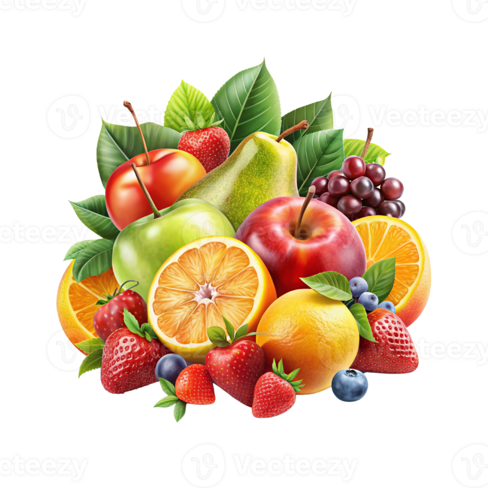 Fresco mezcla frutas con hojas aislado png