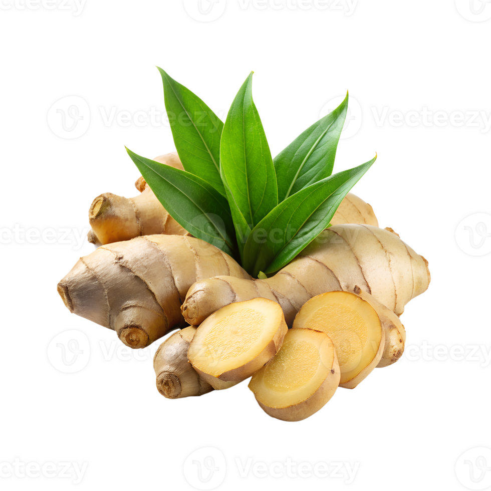 Fresh ginger rhizome and sliced with leaves png