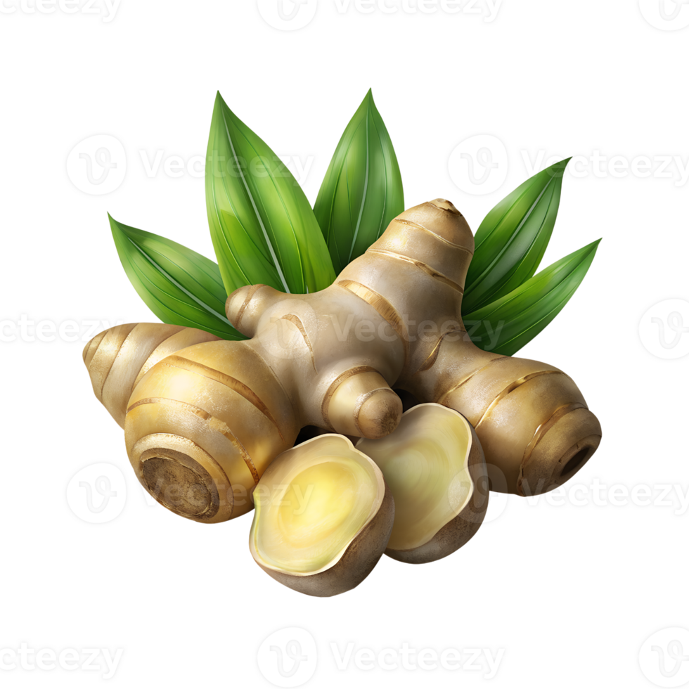 ginger root with leaves and leaves on transparent background png